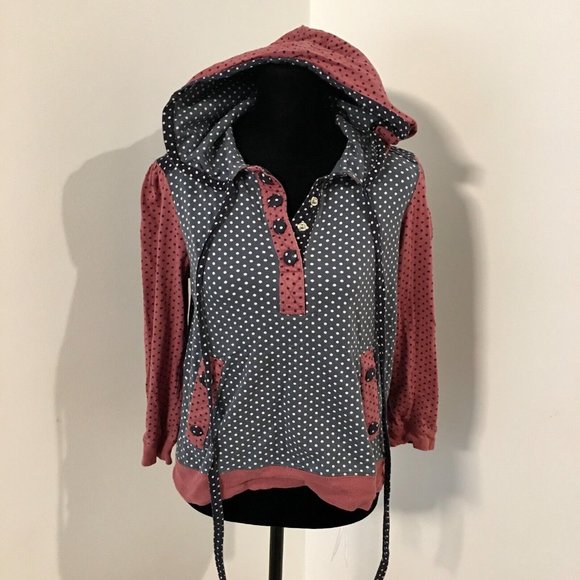 MARC JACOBS Blue Red/Maroon Polka Dot 3/4 Sleeve Hooded Cotton Top Pullover 4 - Picture 1 of 8
